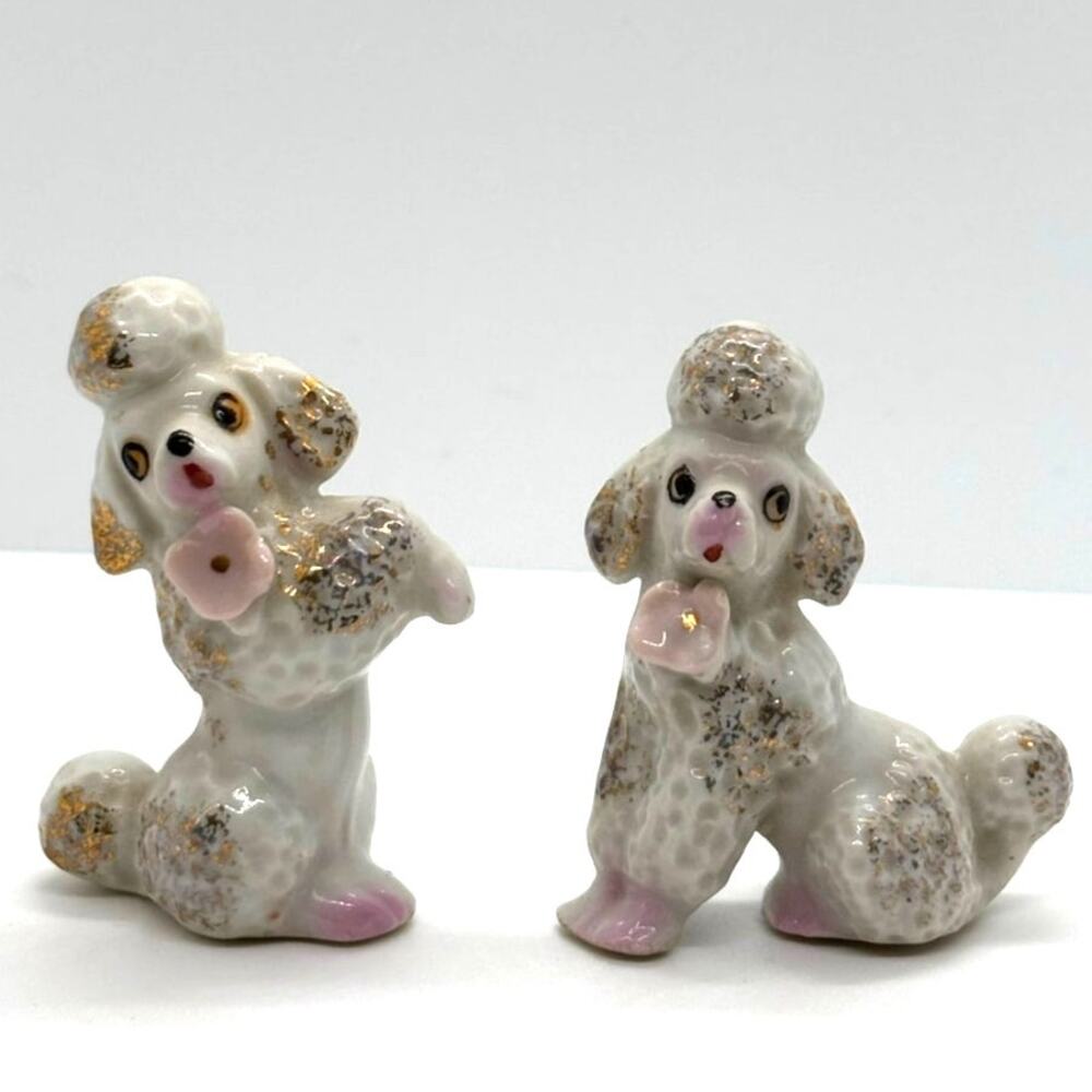 Vintage 1950's Pair of Porcelain Poodle Figurines Gold, White, Pink, Japan